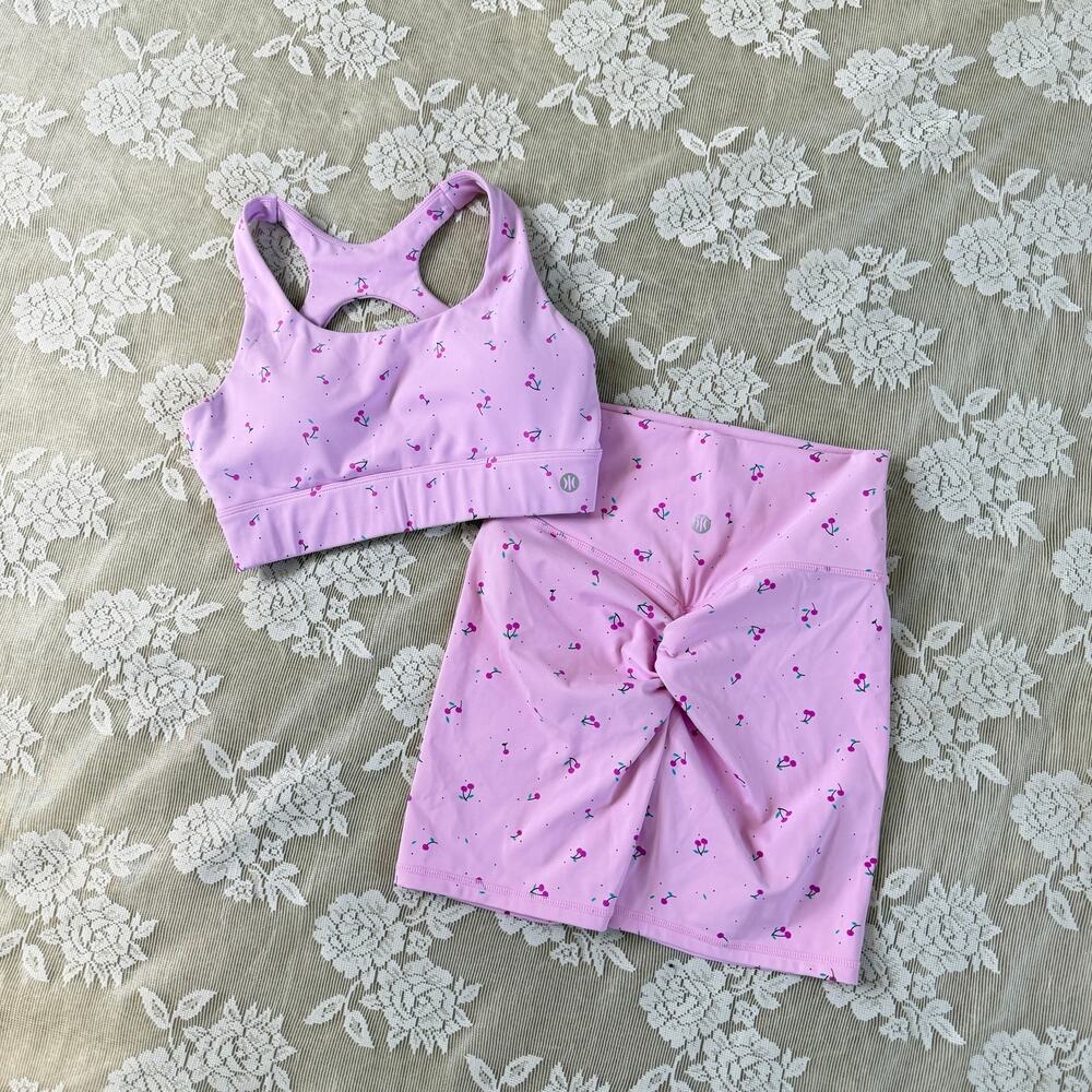 Astoria Activewear Cherry Print Workout Set Sports Bra M / Biker Shorts L